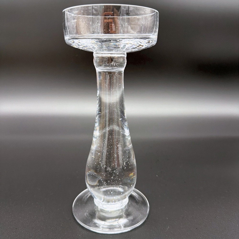 Clear Art Glass Pillar Candle Holder 8.5" Controlled Bubble Fizz Solid Stem